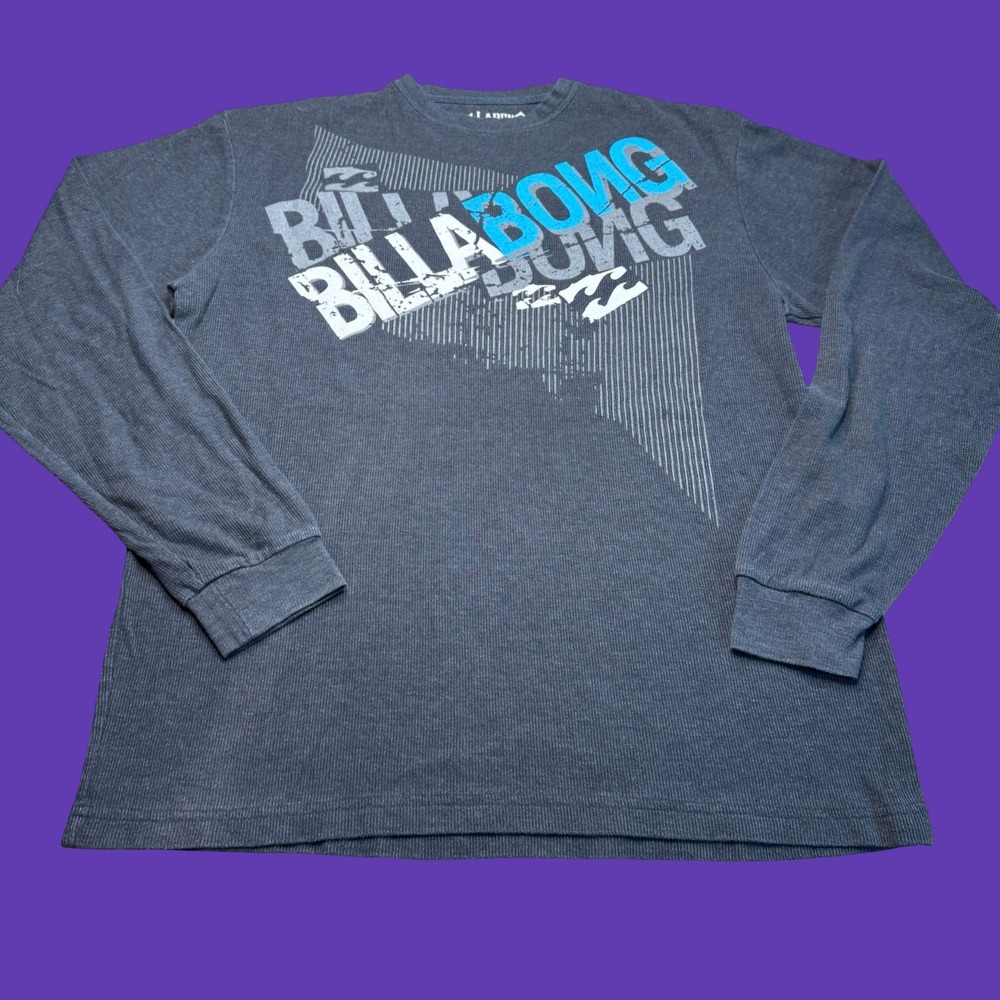 Billabong Long Sleeve T Shirt Large Gray Black Thermal Waffle Knit Surf Graphic